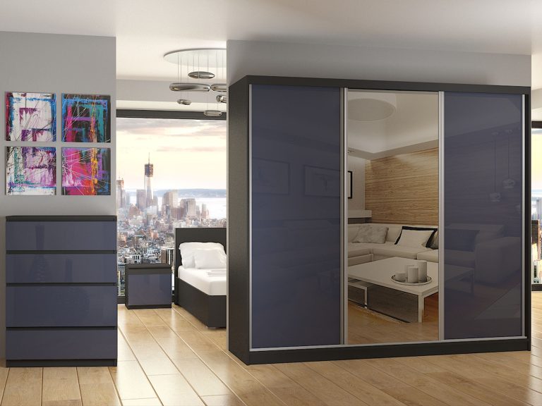Tolóajtós szekrény 232 cm tükörrel, szürke fenyu BM SZP4/2/B/WI/2S1L/HI