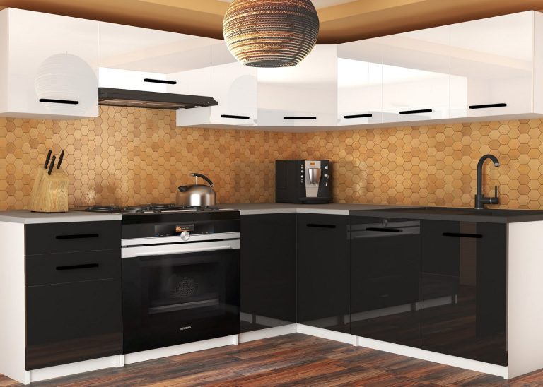 Konyhabútor Belini 360 cm fehér fényű fekete fényű, munkalappal INF LIDIAUNIQA2/4/WT/WB/0/B1 