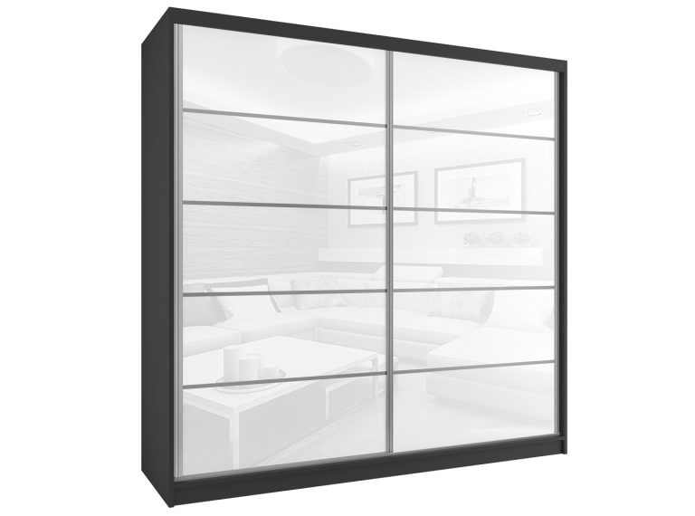 Tolóajtós szekrény 133 cm Belini fekete matt / fehér fényű tükörrel és fiókokkal BH SZP2/2/B/WI/5W/HI