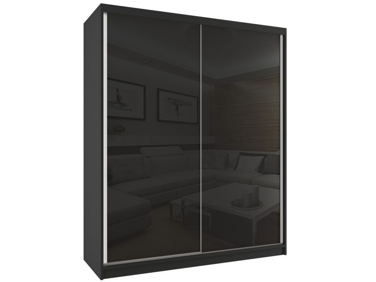 Tolóajtós szekrény 158 cm Belini fekete matt / fekete fényű tükörrel és fiókokkal BM SZP3/2/B/W/B/HI