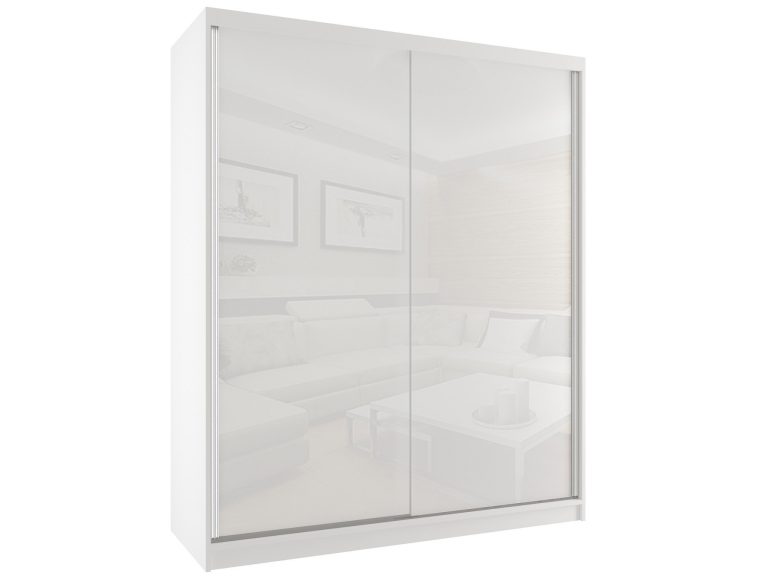 Tolóajtós szekrény 158 cm Belini fehér matt / fehér fényű  tükörrel és fiókokkal BM SZP3/2/W/W/W/HI