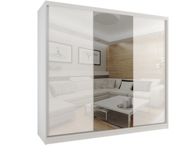 Tolóajtós szekrény 232 cm Belini fehér matt / fehér fényű  tükörrel BM SZP4/2/W/WI/2W1L/HI