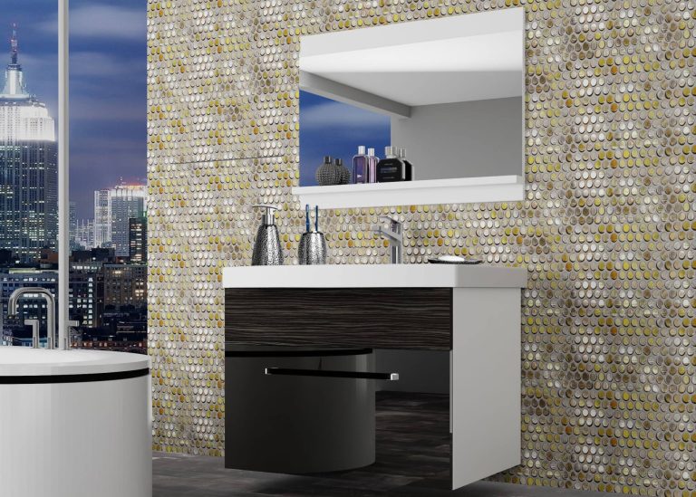 Fürdőszoba bútor Belini fekete fényű / ebénfa + mosogató + tükör ROD PM 1/0/W/BHK/0/ZW
