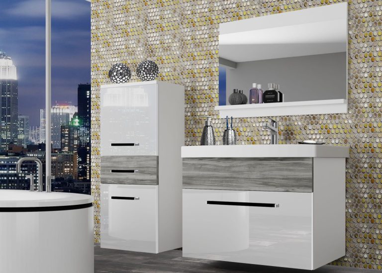 Fürdőszoba bútor Belini fehér fényű /  szürke antracit Glamour Wood + mosogató + tükörROD PM 2/0/W/WGW1/0/ZW