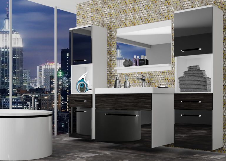 Fürdőszoba bútor Belini fekete fényű / ebénfa + mosogató + tükör ROD PM 6/0/W/BHK/0/ZW