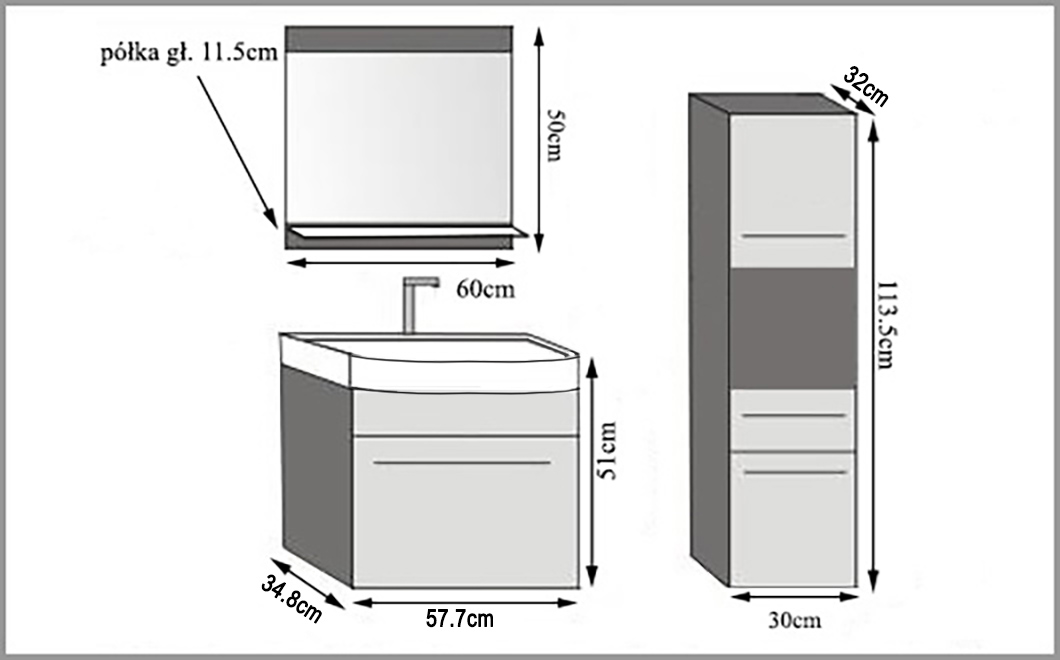 Fürdőszoba bútor Belini fekete fényű /  szürke antracit Glamour Wood + mosogató + tükör ROD PM 3/0/W/WGW1/0/ZW