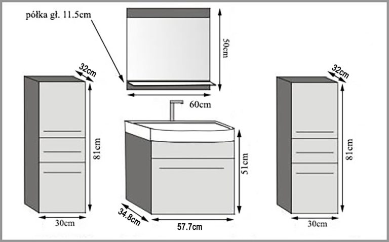 Fürdőszoba bútor Belini szurke fényű / fehér fényű + mosogató + tükör ROD P 4/0/W/SB/0/ZW
