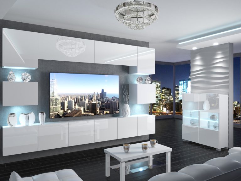 Szekrénysor 300 cm TV/RTV fehér fényű IMP 3/5/W/W/0/0