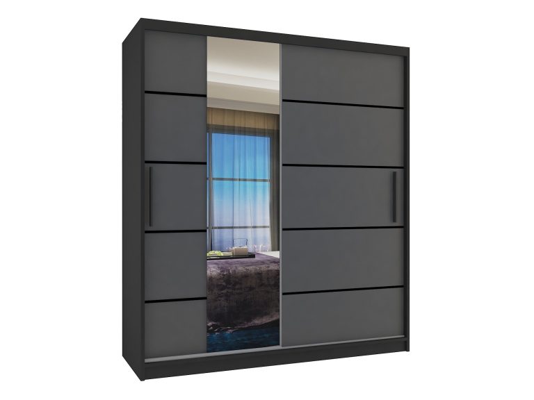 Tolóajtós szekrény 133 cm Belini fekete matt / szürke matt tükörrel és fiókokkal MBP SZP6/1/B/SR/0/KLP