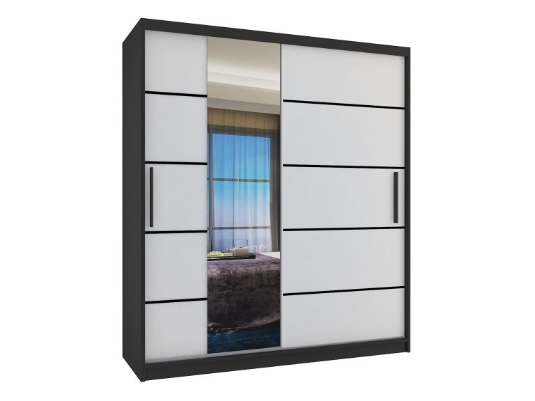 Tolóajtós szekrény 133 cm Belini fekete matt / fehér matt tükörrel és fiókokkal MBP SZP6/1/B/W/0/KLP