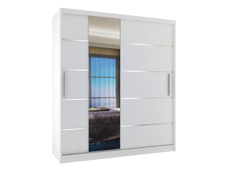 Tolóajtós szekrény 133 cm Belini fehér matt tükörrel és fiókokkal MBP SZP6/1/W/W/0/KLAL