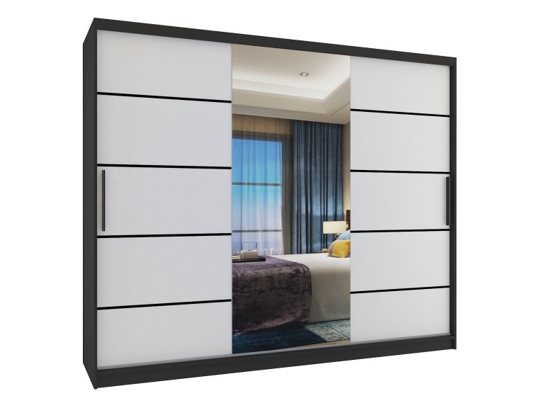 Tolóajtós szekrény 232 cm Belini fekete matt / fehér matt  tükörrel és fiókokkal MBP SZP8/0/1B/2W1L/0/KLP