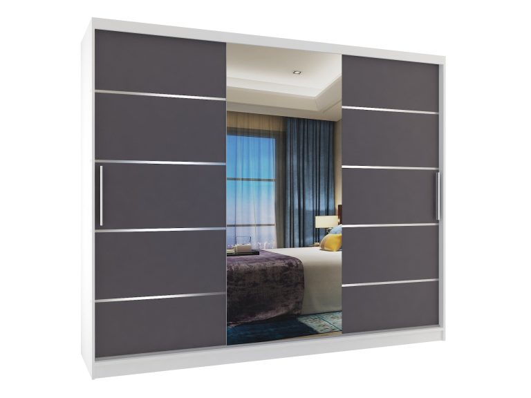 Tolóajtós szekrény 232 cm Belini fehér matt / szürke matt  tükörrel és fiókokkal MBP SZP8/0/1W/2SR1L/0/KLAL