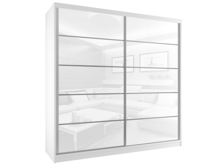 Tolóajtós szekrény 200cm Belini fehér matt / fehér fényű fiókokkal BH SZP1/2/W/WI/5W/HI