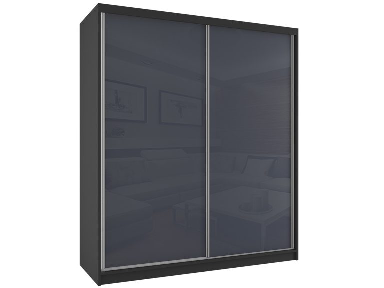 Tolóajtós szekrény 158 cm Belini fekete matt / szürke fényű  tükörrel és fiókokkal BM SZP3/2/B/W/S/HI