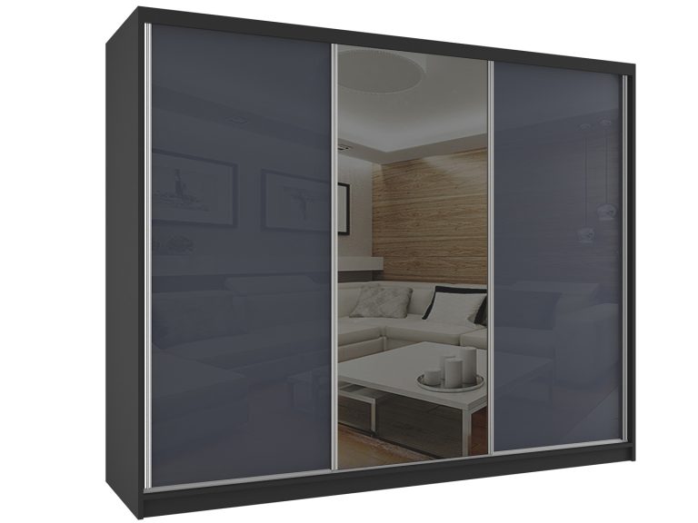 Tolóajtós szekrény 232 cm tükörrel, szürke fenyu BM SZP4/2/B/WI/2S1L/HI