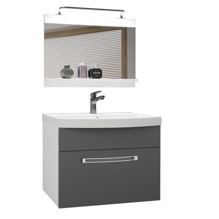 Fürdőszoba bútor Belini Premium Full Version szürke matt + mosogató + tükör + LED világítás GLA M 1/0/W/SR/0/MB/PP