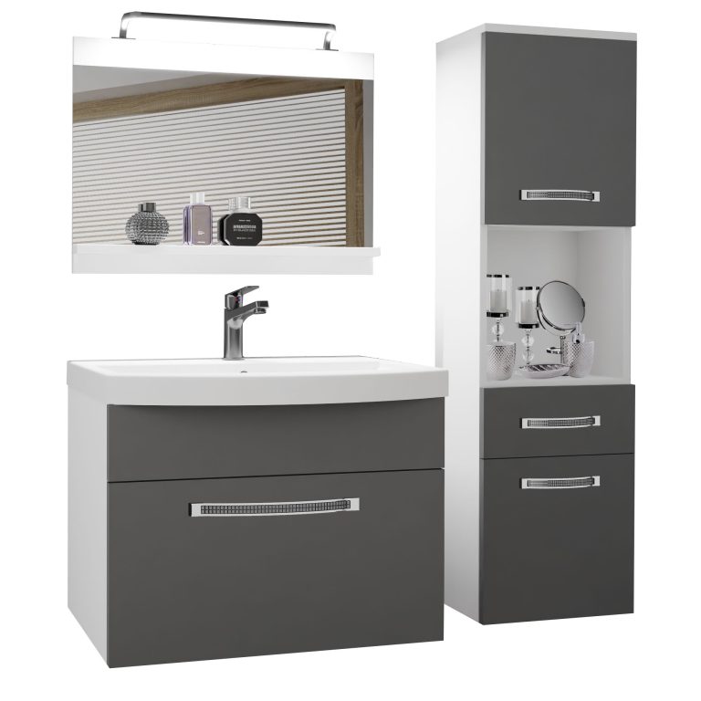 Fürdőszoba bútor Belini Premium Full Version szürke matt + mosogató + tükör + LED világítás GLA M 3/0/W/SR/0/MB/PP
