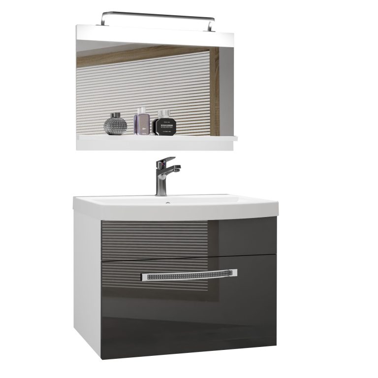 Fürdőszoba bútor Belini Premium Full Version szürke fényű + mosogató + tükör + LED világítás GLA P 1/0/W/S/0/MB/PP