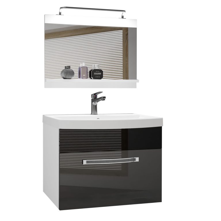 Fürdőszoba bútor Belini Premium Full Version szurke fényű / fekete fényű + mosogató + tükör + LED világítás GLA P 1/0/W/SB/0/MB/PP
