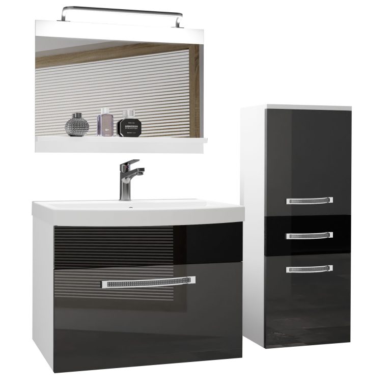 Fürdőszoba bútor Belini Premium Full Version szurke fényű / fekete fényű + mosogató + tükör + LED világítás GLA P 2/0/W/SB/0/MB/PP