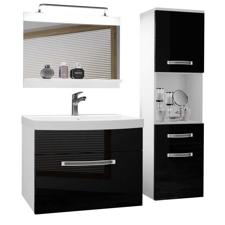 Fürdőszoba bútor Belini Premium Full Version fekete fényű + mosogató + tükör + LED világítás GLA P 3/0/W/B/0/MB/PP