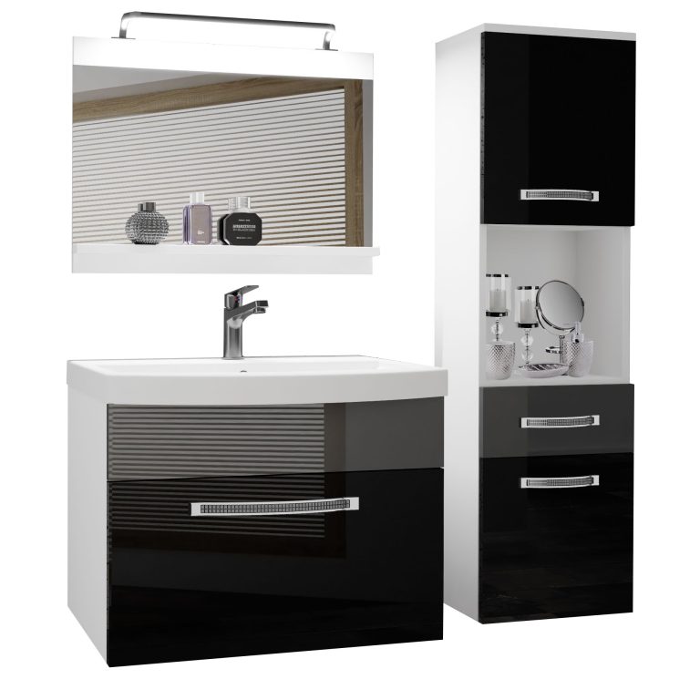 Fürdőszoba bútor Belini Premium Full Version szurke fényű / fekete fényű + mosogató + tükör + LED világítás GLA P 3/0/W/BS/0/MB/PP
