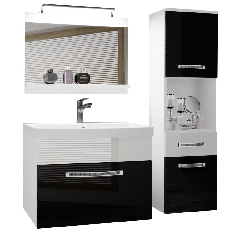 Fürdőszoba bútor Belini Premium Full Version fehér fényű / fekete fényű + mosogató + tükör + LED világítás GLA P 3/0/W/BW/0/MB/PP