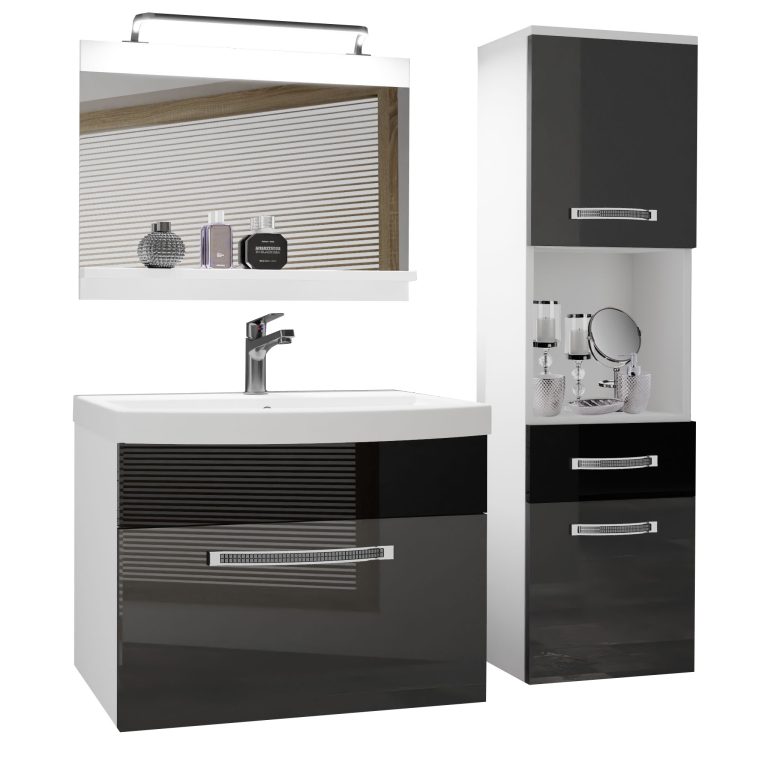 Fürdőszoba bútor Belini Premium Full Version szurke fényű / fekete fényű + mosogató + tükör + LED világítás GLA P 3/0/W/SB/0/MB/PP
