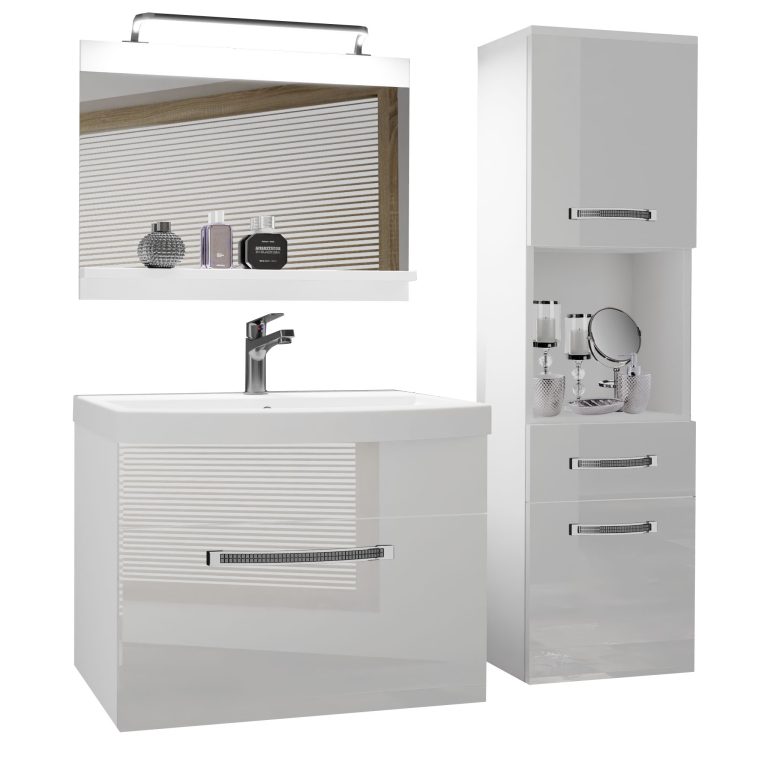 Fürdőszoba bútor Belini Premium Full Version fehér fényű + mosogató + tükör + LED világítás GLA P 3/0/W/W/0/MB/PP
