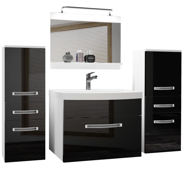 Fürdőszoba bútor Belini Premium Full Version fekete fényű + mosogató + tükör + LED világítás GLA P 4/0/W/B/0/MB/PP