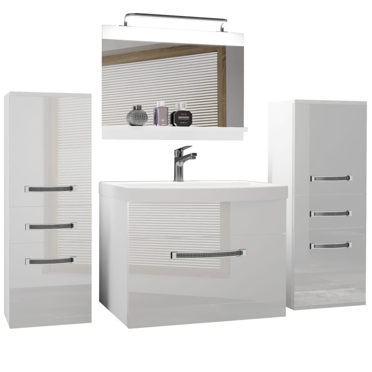 Fürdőszoba bútor Belini Premium Full Version fehér fényű + mosogató + tükör + LED világítás GLA P 4/0/W/W/0/MB/PP
