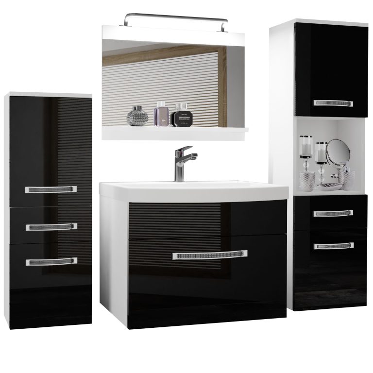 Fürdőszoba bútor Belini Premium Full Version fekete fényű + mosogató + tükör + LED világítás GLA P 5/0/W/B/0/MB/PP
