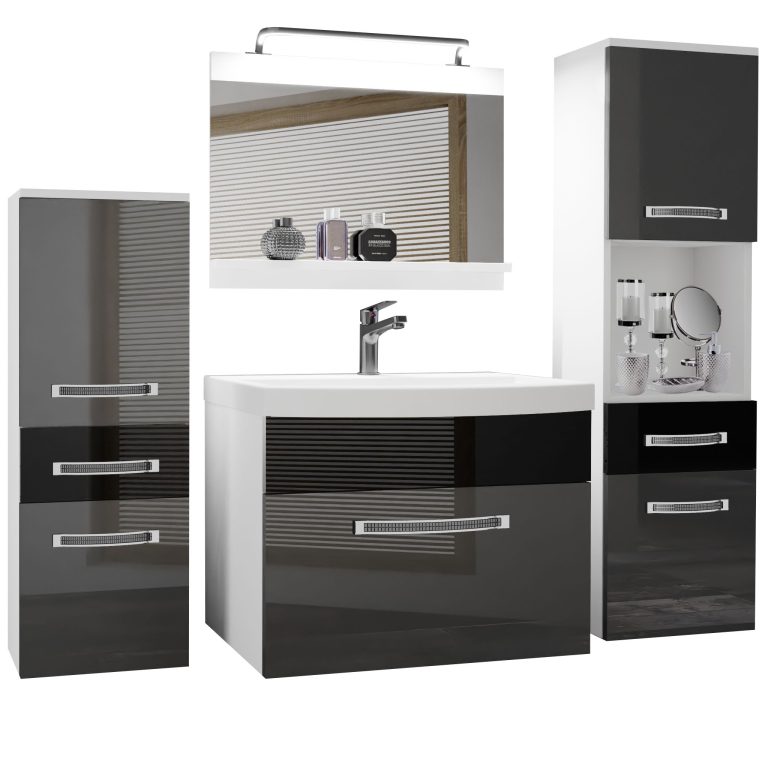 Fürdőszoba bútor Belini Premium Full Version szurke fényű / fekete fényű + mosogató + tükör + LED világítás GLA P 5/0/W/SB/0/MB/PP