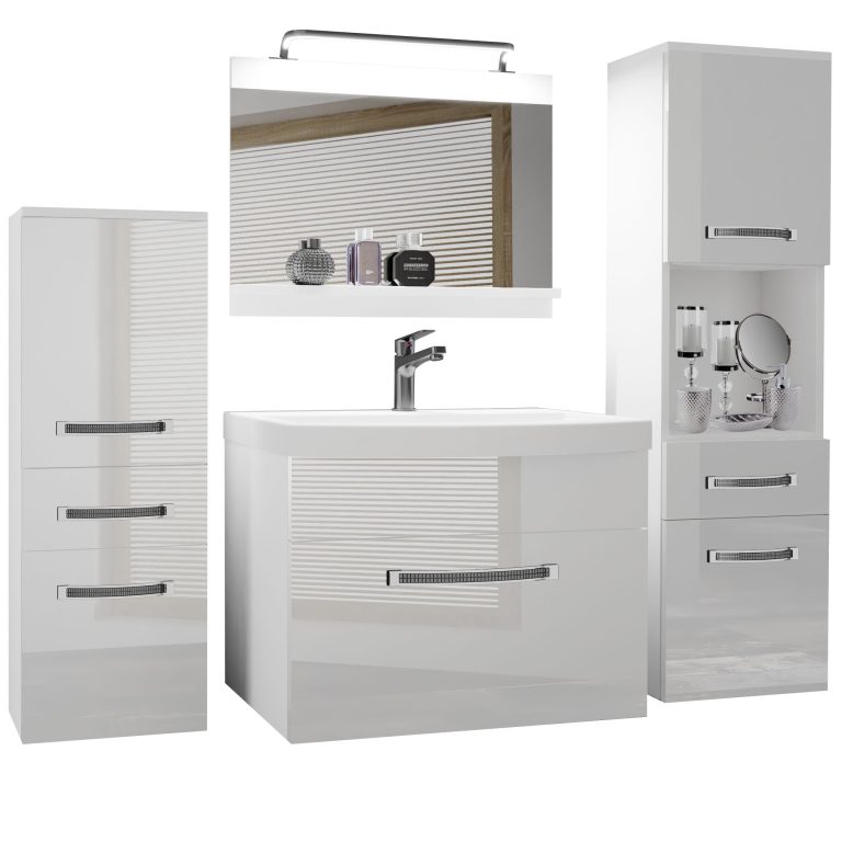 Fürdőszoba bútor Belini Premium Full Version fehér fényű + mosogató + tükör + LED világítás GLA P 5/0/W/W/0/MB/PP
