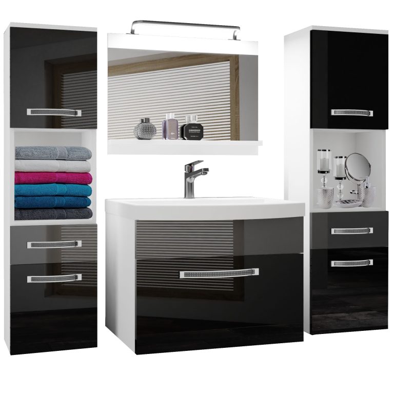 Fürdőszoba bútor Belini Premium Full Version szurke fényű / fekete fényű + mosogató + tükör + LED világítás GLA P 6/0/W/BS/0/MB/PP