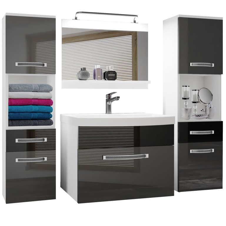 Fürdőszoba bútor Belini Premium Full Version szurke fényű / fekete fényű + mosogató + tükör + LED világítás GLA P 6/0/W/SB/0/MB/PP