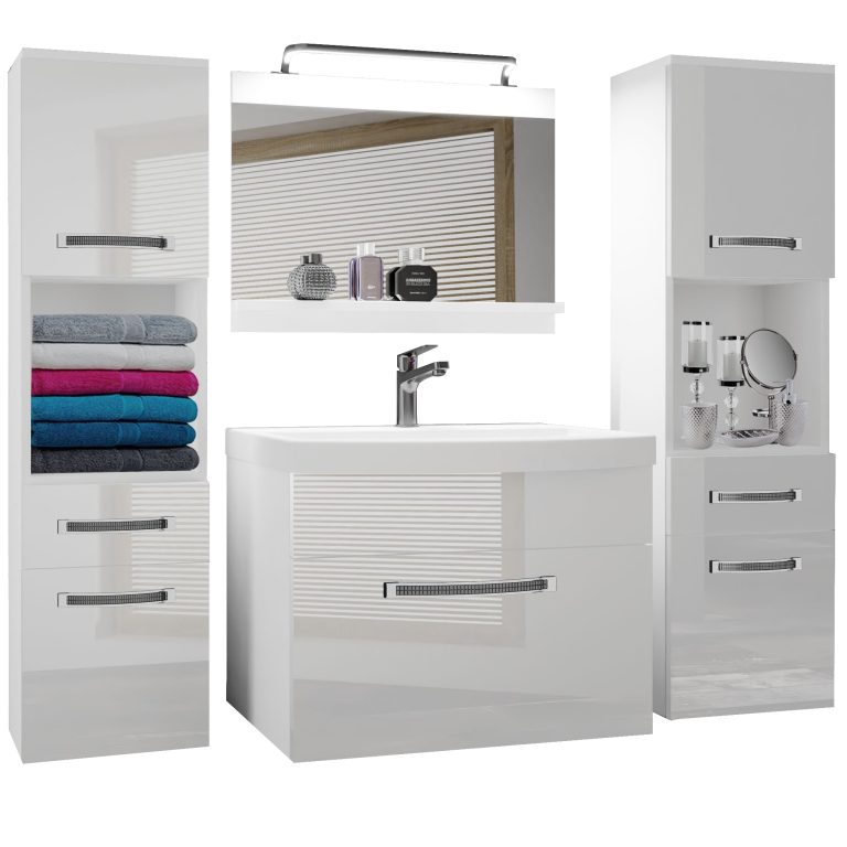 Fürdőszoba bútor Belini Premium Full Version fehér fényű + mosogató + tükör + LED világítás GLA P 6/0/W/W/0/MB/PP
