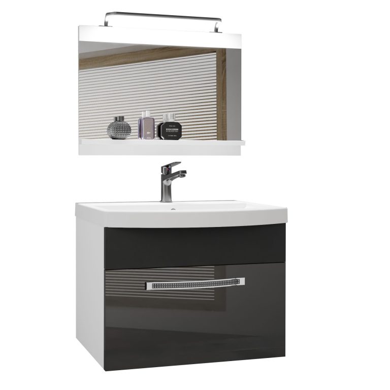 Fürdőszoba bútor Belini Premium Full Version szürke fényű / fekete matt + mosogató + tükör + LED világítás GLA PM 1/0/W/SB/0/MB/PP