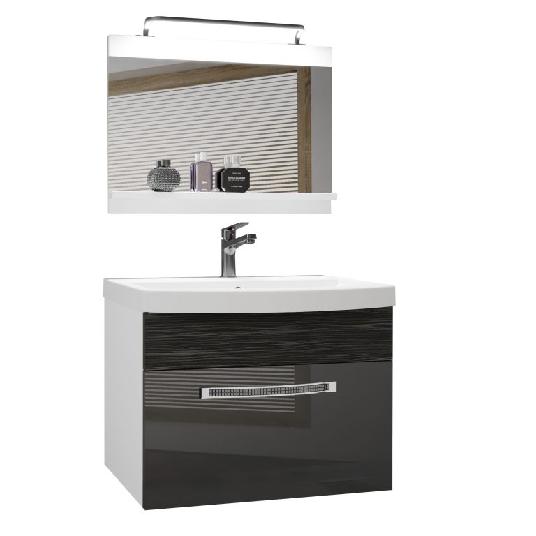 Fürdőszoba bútor Belini Premium Full Version szürke fényű / ebénfa + mosogató + tükör + LED világítás GLA PM 1/0/W/SHK/0/MB/PP