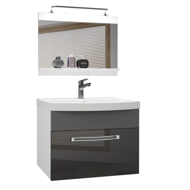 Fürdőszoba bútor Belini Premium Full Version szürke fényú / szurke matt + mosogató + tükör + LED világítás GLA PM 1/0/W/SSR/0/MB/PP