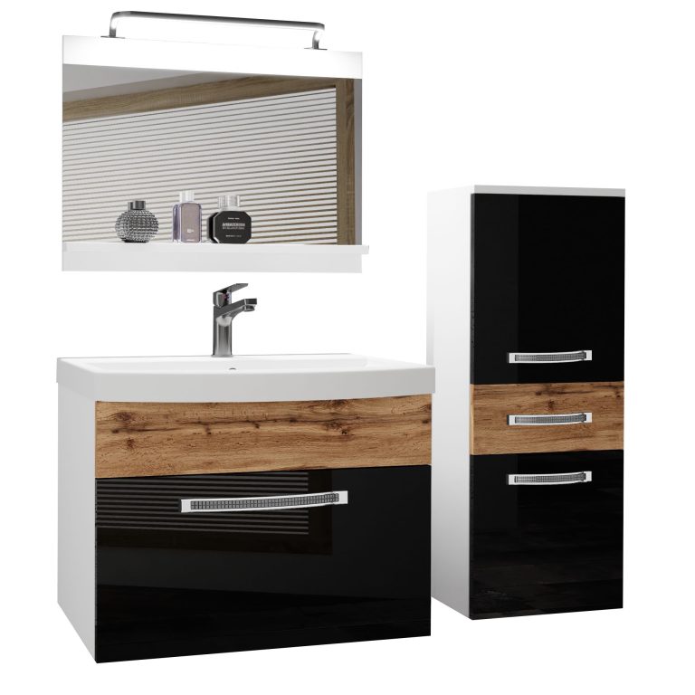 Fürdőszoba bútor Belini Premium Full Version fekete fényű / tolgy wotan + mosogató + tükör + LED világítás GLA PM 2/0/W/BDW/0/MB/PP
