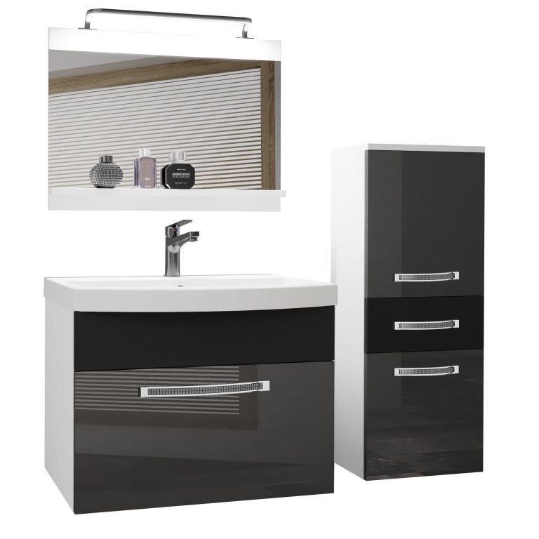 Fürdőszoba bútor Belini Premium Full Version szurke fényű / fekete matt + mosogató + tükör + LED világítás GLA PM 2/0/W/SB/0/MB/PP