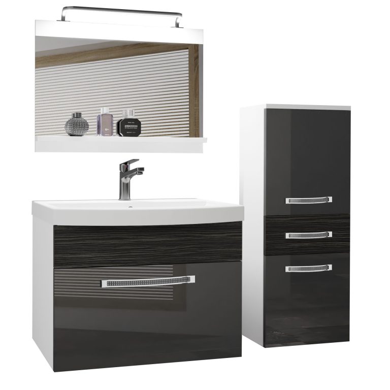 Fürdőszoba bútor Belini Premium Full Version szürke fényű / ebénfa + mosogató + tükör + LED világítás GLA PM 2/0/W/SHK/0/MB/PP