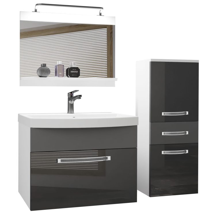 Fürdőszoba bútor Belini Premium Full Version szürke fényű / szurke matt + mosogató + tükör + LED világítás  GLA PM 2/0/W/SSR/0/MB/PP