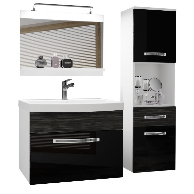 Fürdőszoba bútor Belini Premium Full Version fekete fényű / ebénfa + mosogató + tükör + LED világítás GLA PM 3/0/W/BHK/0/MB/PP
