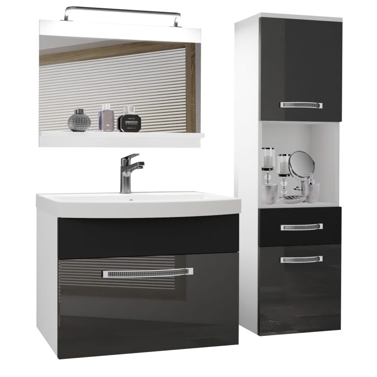 Fürdőszoba bútor Belini Premium Full Version szurke fényű / fekete fényű + mosogató + tükör + LED világítás GLA PM 3/0/W/SB/0/MB/PP

