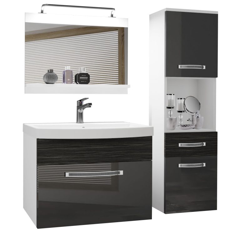 Fürdőszoba bútor Belini Premium Full Version szürke fényű / ebénfa + mosogató + tükör + LED világítás GLA PM 3/0/W/SHK/0/MB/PP

