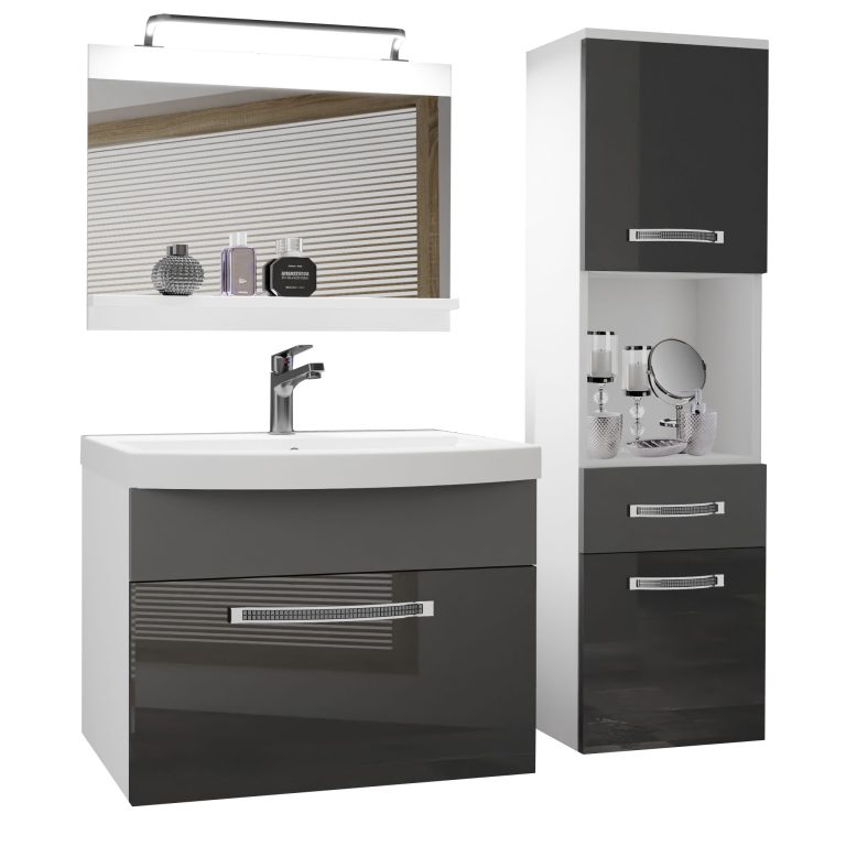Fürdőszoba bútor Belini Premium Full Version szurke matt / szürke  fényű + mosogató + tükör + LED világítás GLA PM 3/0/W/SSR/0/MB/PP
