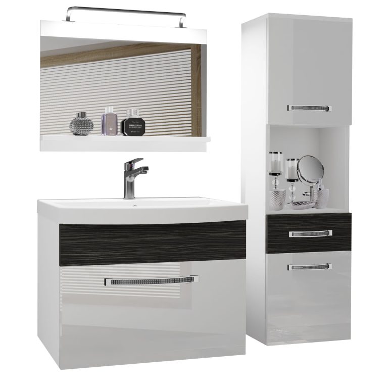 Fürdőszoba bútor Belini Premium Full Version fehér fényű / ebénfa + mosogató + tükör + LED világítás GLA PM 3/0/W/WHK/0/MB/PP